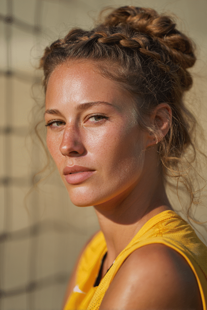 A vibrant female athlete in her 20s with short hair, styled in a twisted crown braid with a circular design, captured in a close-up shot focusing on the hair, photographed against a seamless warm bronze backdrop with a satin finish. She has subtle makeup, a volleyball uniform, a warm skin tone, and a confident expression, captured with bright natural lighting and a sporty vibe.