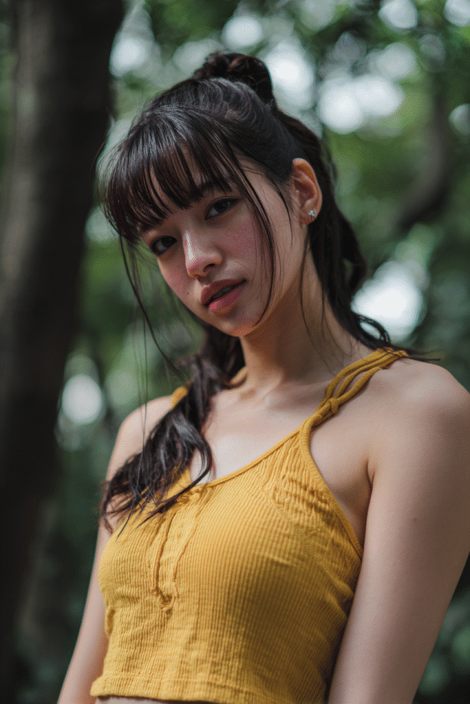A young American female model with a warm skin tone and friendly expression, showcasing a twisted crown ponytail with curtain bangs hairstyle. The hair is straight, natural black, styled in a twisted crown ponytail with soft, parted curtain bangs, set against a natural forest scene backdrop with minimal texture. She wears subtle makeup and a trendy casual outfit, captured in soft natural lighting for an Instagram-style beauty photo.