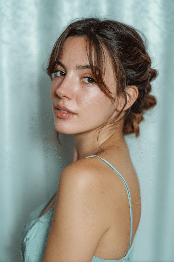 A stunning young woman in her 20s with natural skin tone, showcasing a homecoming hairstyle for medium hair with a twisted half-up style, featuring twisted sections with medium-length hair, captured in a close-up shot focusing on the hair, photographed against a seamless light teal backdrop with a glossy sheen. She has subtle makeup, a chic homecoming dress, realistic hair texture, warm skin tone, and a confident expression, captured with soft natural lighting and an Instagram-style beauty vibe.