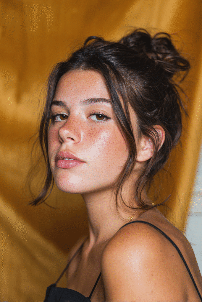 A stunning young woman in her 20s with natural skin tone, showcasing a homecoming hairstyle with a twisted half-up style, featuring twisted sections in a half-up design, captured in a close-up shot focusing on the hair, photographed against a seamless warm mustard backdrop with a satin finish. She has subtle makeup, a chic homecoming dress, realistic hair texture, warm skin tone, and a confident expression, captured with soft natural lighting and an Instagram-style beauty vibe.