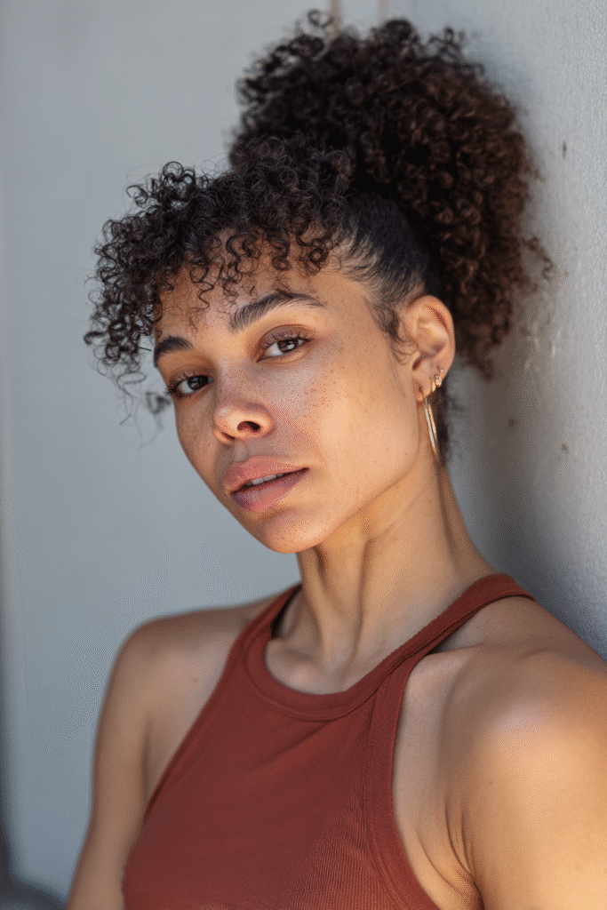 A young American female model with a warm skin tone and friendly expression, showcasing a Twisted Ponytail with Graduated Bangs hairstyle. The hair features an afro texture adapted to a straight puff ponytail, set against a textured plaster backdrop with minimal texture. She wears subtle makeup and a trendy casual outfit, captured in soft natural lighting for an Instagram-style beauty photo.