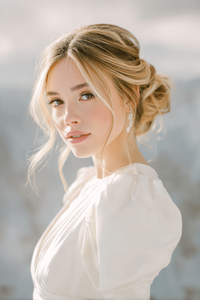A gorgeous young Black American bride with an elegant twisted updo and loose strands in a rich chocolate shade, wearing an elegant full-length winter wedding dress with chiffon long sleeves, radiant expression, warm skin tone, against a seamless soft linen backdrop with a matte finish, silver hair pins in a winter mood.