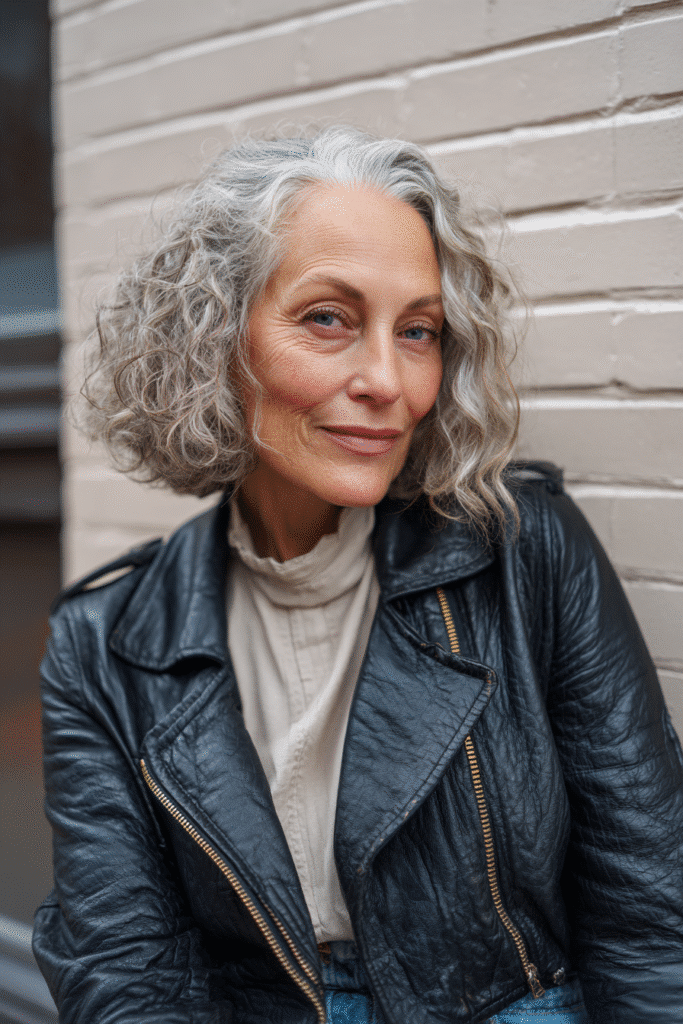 An elegant woman over 50 with a warm skin tone and sophisticated expression, showcasing Victoria Beckham's textured bob hairstyle for bob hairstyles for women over 50. The hair is a textured bob with choppy layers, colored dark caramel, styled with a silk scarf blouse. Captured in soft natural lighting with subtle makeup, set against an urban brick wall backdrop with minimal texture for an Instagram-style beauty photo.