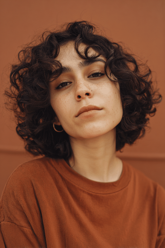 A vibrant young woman in her 20s with natural skin tone, showcasing a curly hairstyle for short hair with vintage Marilyn Monroe curls, featuring classic Hollywood-style curls, captured in a close-up shot focusing on the hair, photographed against a seamless warm terracotta backdrop with a satin finish. She has subtle makeup, a trendy full-sleeve outfit, realistic hair texture, warm skin tone, and a confident expression, captured with soft natural lighting and an Instagram-style beauty vibe.