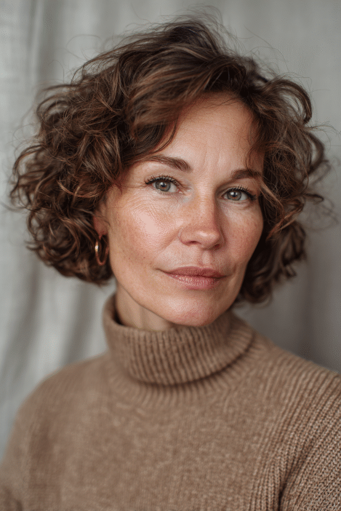 An elegant woman over 50 with a warm skin tone and powerful expression, showcasing Viola Davis' curly bob hairstyle for bob hairstyles for women over 50. The hair is a defined curly bob with bounce, colored dark brown, styled with a structured linen shirt. Captured in soft natural lighting with subtle makeup, set against a soft gray fabric backdrop with minimal texture for an Instagram-style beauty photo.