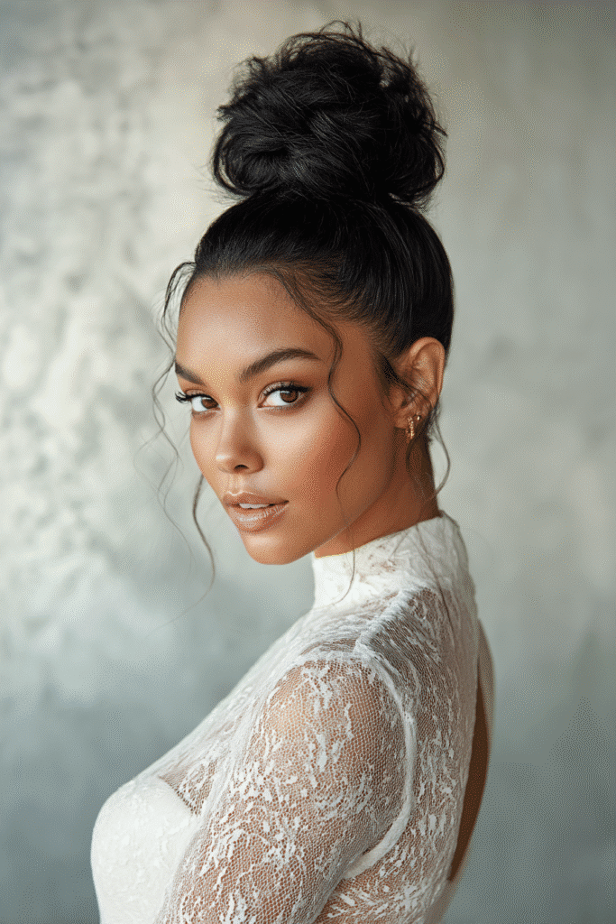 A gorgeous young Black American bride with a voluminous high bun with soft volume in a rich onyx shade, wearing an elegant full-length winter wedding dress with embroidered long sleeves, radiant expression, warm skin tone, against a seamless soft linen backdrop with a matte finish, crystal hair pins in a winter mood.