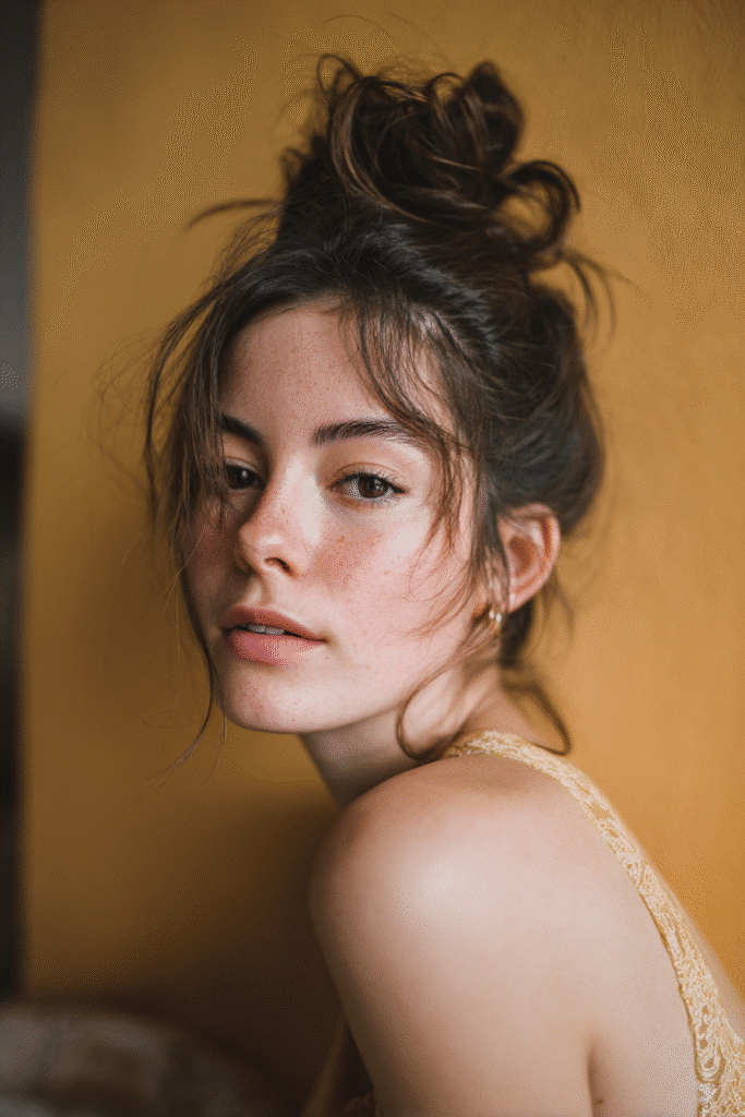 A stunning young female model in her 20s with natural skin tone, showcasing a messy bun hairstyle for wedding with a voluminous messy bun with teased crown, featuring a teased crown for height, captured in a close-up shot focusing on the hair, photographed against a seamless warm cinnamon backdrop with a silky texture. She has subtle wedding makeup, an elegant full-sleeve wedding gown, realistic hair texture, warm skin tone, and a serene expression, captured with soft natural lighting and an Instagram-style beauty vibe.