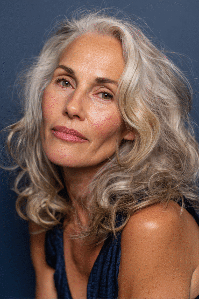 A vibrant American female model over 70 with a distinctly older appearance, showcasing a Blonde Hairstyle For Women Over 70 with voluminous shoulder length waves in blonde with silver highlights, captured in a close-up shot focusing on the hair, photographed against a seamless soft navy backdrop with a glossy sheen. She has subtle makeup with deeper wrinkles visible, an elegant outfit, realistic hair texture, warm skin tone, and a friendly expression, captured with soft natural lighting and an Instagram-style beauty vibe.