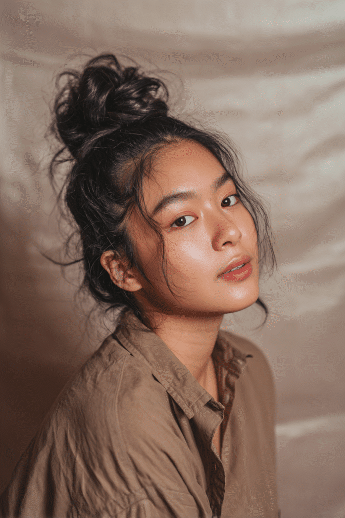 A vibrant young female model in her 20s with natural skin tone, showcasing a 90s messy updo with a voluminous top knot, featuring high volume and messy texture, captured in a close-up shot focusing on the hair, photographed against a seamless soft taupe backdrop with a satin finish. She has subtle makeup, a retro full-shirt 90s outfit, realistic hair texture, warm skin tone, and a friendly expression, captured with soft natural lighting and an Instagram-style beauty vibe.