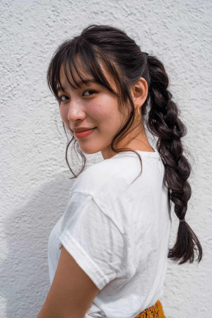 A young American female model with a warm skin tone and friendly expression, showcasing a waterfall braid ponytail with graduated side bangs hairstyle. The hair is straight, natural black, styled in a waterfall braid ponytail with cascading sections and graduated side bangs, set against a seamless white backdrop with minimal texture. She wears subtle makeup and a trendy casual outfit, captured in soft natural lighting for an Instagram-style beauty photo.