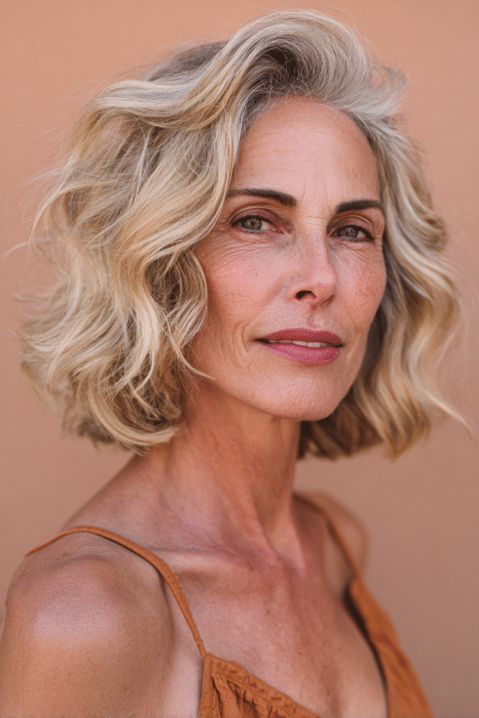 A vibrant American female model over 70 with a distinctly older appearance, showcasing a Blonde Hairstyle For Women Over 70 with a wavy bob and sandy blonde balayage with silver undertones, captured in a close-up shot focusing on the hair, photographed against a seamless warm peach backdrop with a matte finish. She has subtle makeup with deeper wrinkles visible, an elegant outfit, realistic hair texture, warm skin tone, and a friendly expression, captured with soft natural lighting and an Instagram-style beauty vibe.