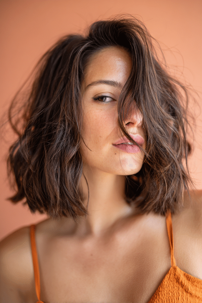 A vibrant American female model with thin hair, showcasing a Bob Cut For Thin Hair with a wavy long bob and subtle balayage for a soft effect, captured in a close-up shot focusing on the hair, photographed against a seamless light coral backdrop with a smooth surface. She has subtle makeup, an elegant outfit, realistic hair texture, warm skin tone, and a friendly expression, captured with soft natural lighting and an Instagram-style beauty vibe.
