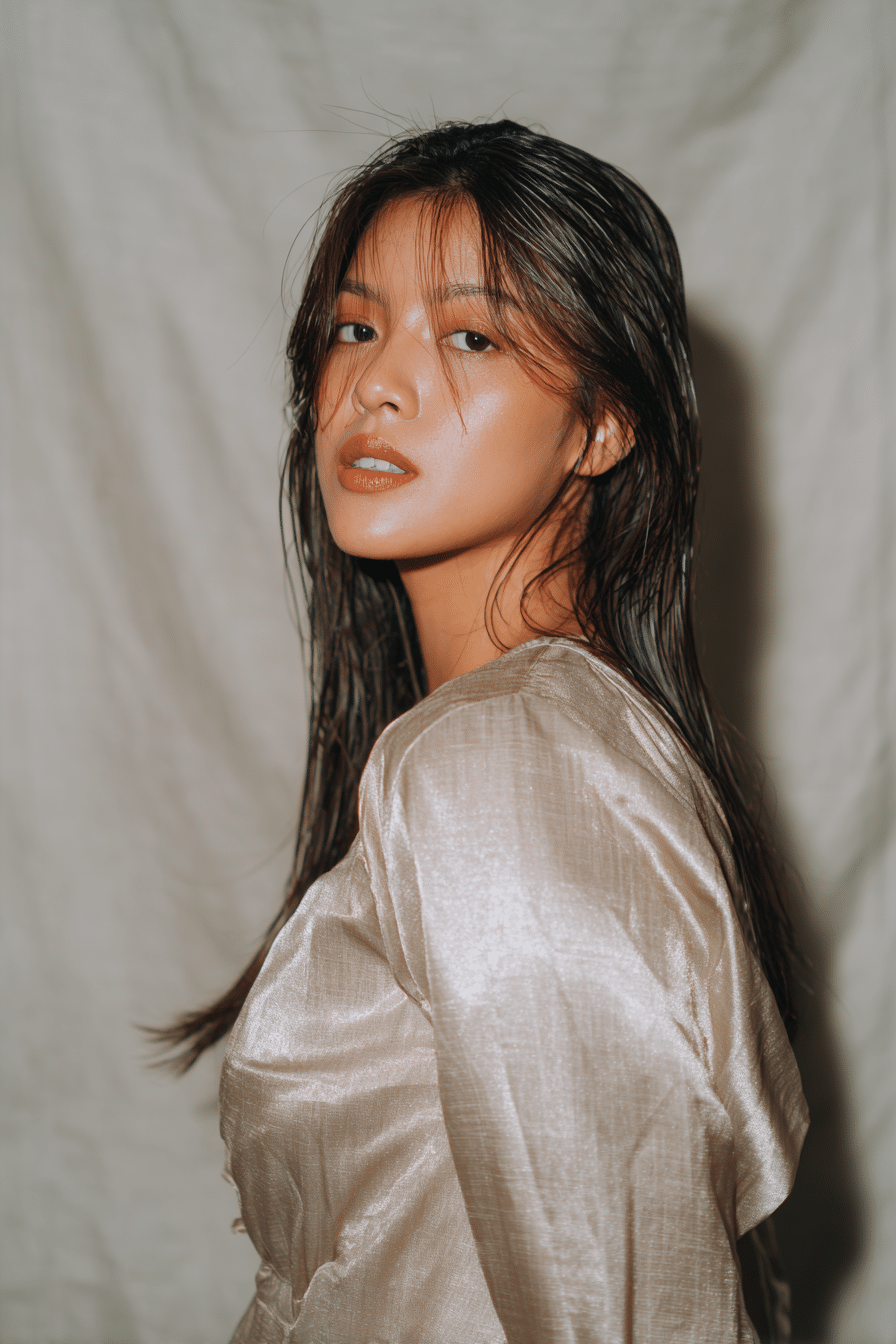 A gorgeous young woman with a natural look showcasing a sleek wet-look slick back with a shiny finish in a light ash brown shade, wearing an elegant full-length dress with satin long sleeves, radiant expression, warm skin tone, against a seamless soft linen backdrop with a matte finish.