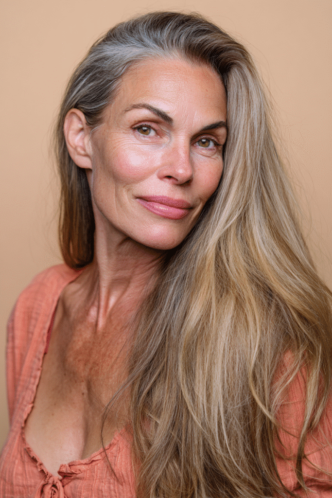 Light golden blonde hair with soft, wispy ends that add movement and a playful touch. The portrait is softly lit, giving the hairstyle a fresh and breezy appearance.