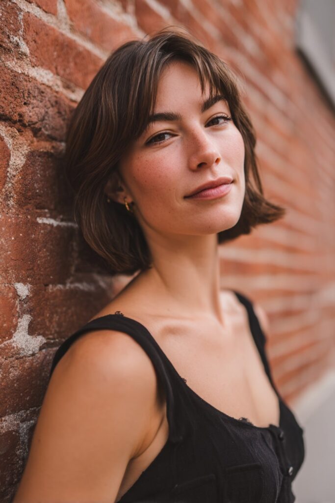 Young woman with medium-length angled bob, blunt fringe, dark chestnut hair, urban brick backdrop.