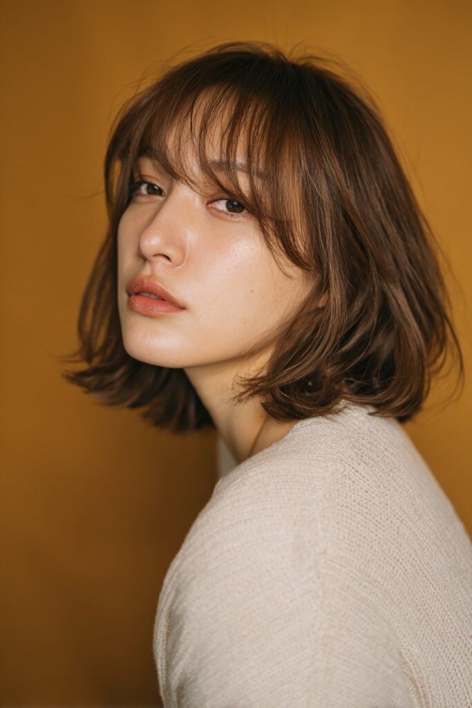 A stunning young woman in her 20s with natural skin tone, showcasing a bob hairstyle with side bangs featuring an angled bob with side bangs, featuring an angled bob with side-swept bangs, captured in a close-up shot focusing on the hair, photographed against a seamless warm amber backdrop with a silky texture. She has subtle makeup, a chic outfit, realistic hair texture, warm skin tone, and a confident expression, captured with soft natural lighting and an Instagram-style beauty vibe.
