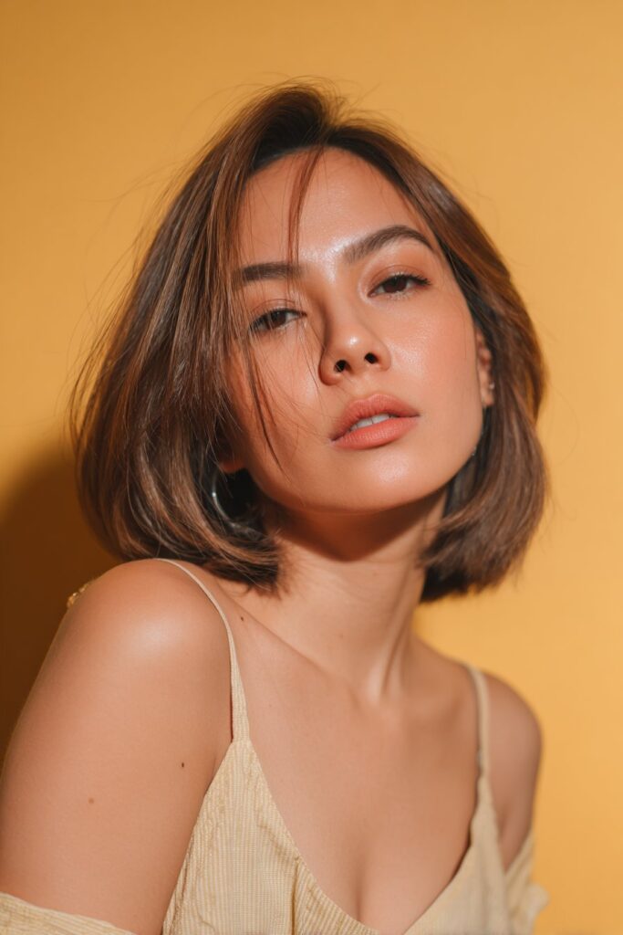 A stunning young woman in her 20s with natural skin tone, showcasing a bob hairstyle for going out featuring an asymmetrical bob, featuring an asymmetrical bob with uneven lengths, captured in a close-up shot focusing on the hair, photographed against a seamless emerald green backdrop with a glossy texture for optimal color contrast. She has subtle makeup, a chic evening outfit, realistic hair texture, warm skin tone, and a confident expression, captured with soft natural lighting and an Instagram-style beauty vibe.