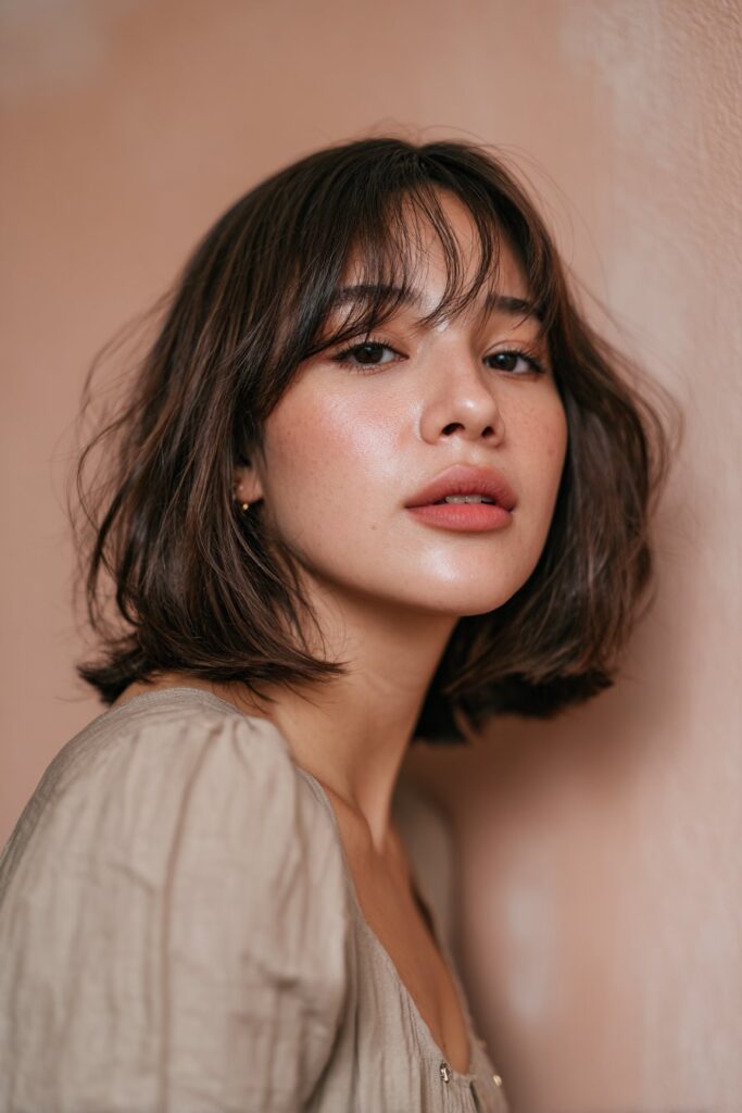 A stunning young woman in her 20s with natural skin tone, showcasing a bob hairstyle with side bangs featuring an asymmetrical bob with side bangs, featuring an asymmetrical bob with side-swept bangs, captured in a close-up shot focusing on the hair, photographed against a seamless light rose backdrop with a smooth texture. She has subtle makeup, a chic outfit, realistic hair texture, warm skin tone, and a confident expression, captured with soft natural lighting and an Instagram-style beauty vibe.