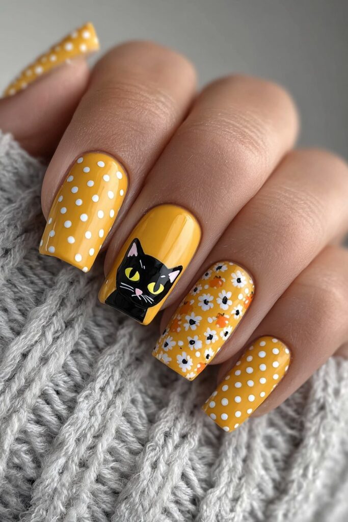 Halloween nails with black cat art and orange polka dots for festive spooky season.