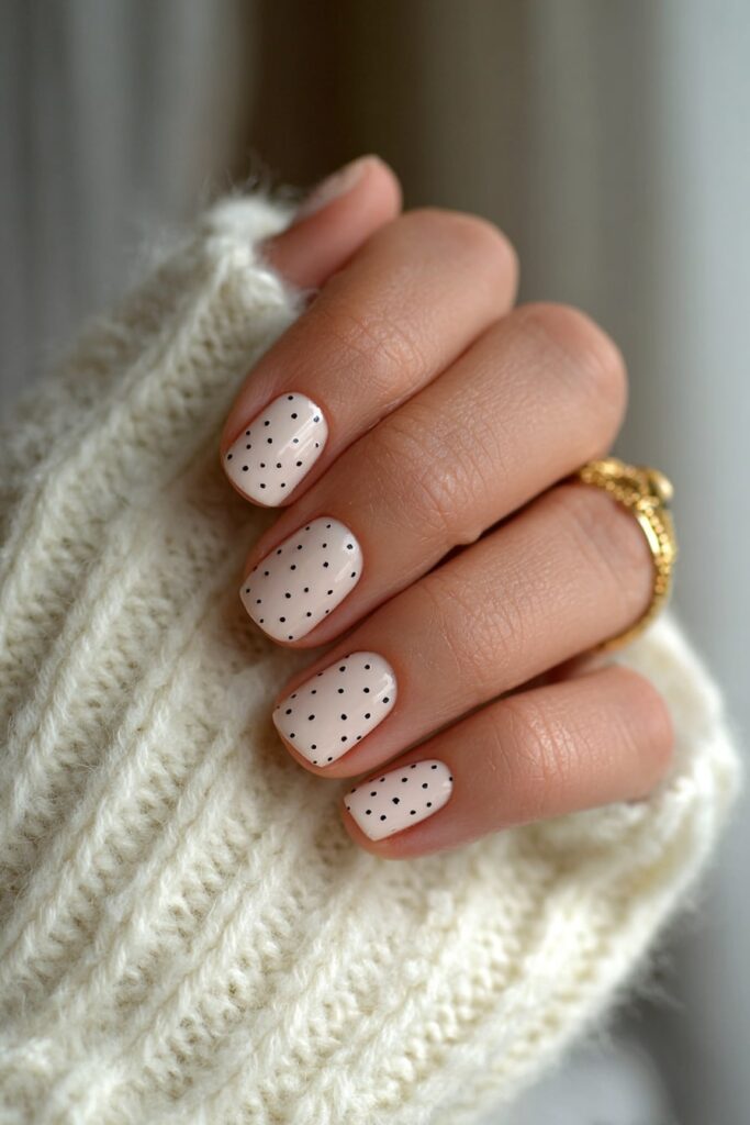 Minimalist sheer base nails with delicate black polka dots and smooth glossy shine.