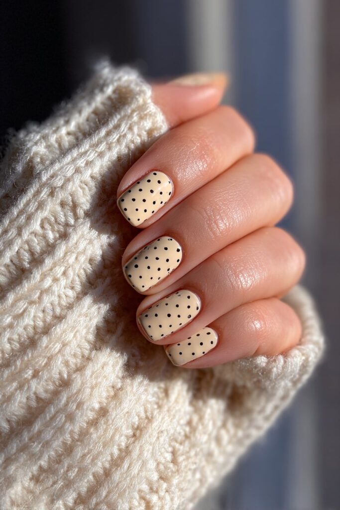 Neutral taupe nails with small black polka dots and a refined glossy topcoat.