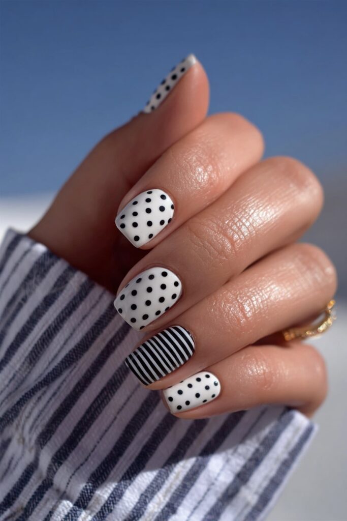 Creative nail art mixing black polka dots with modern lines and geometric accents.