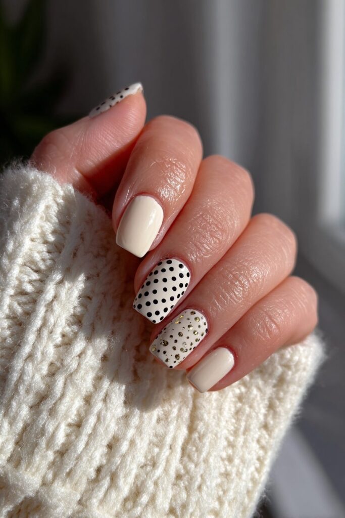 Modern manicure featuring black polka dot accent nails with a clean glossy finish.