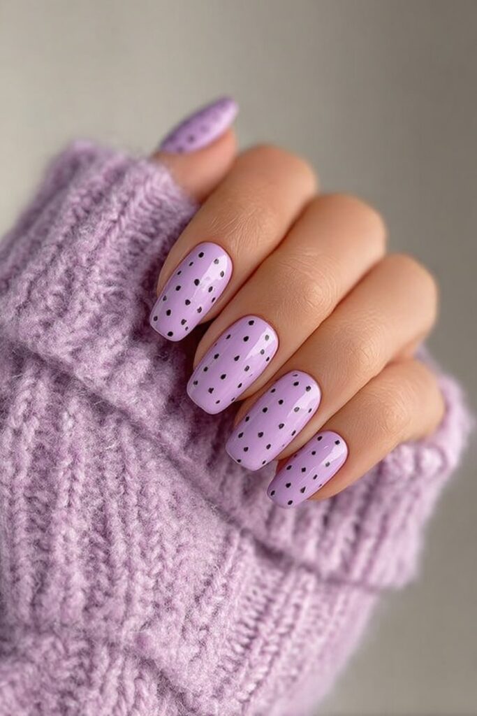 Soft mauve nails adorned with sleek black polka dots for an elegant manicure style.