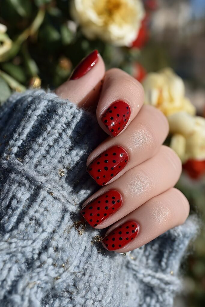 Scary Halloween polka dot nails in blood red and black with horror-inspired style.