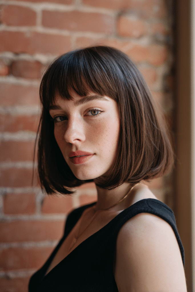 Young woman with shoulder-length blunt bob, full bangs, dark chestnut hair, urban brick backdrop.