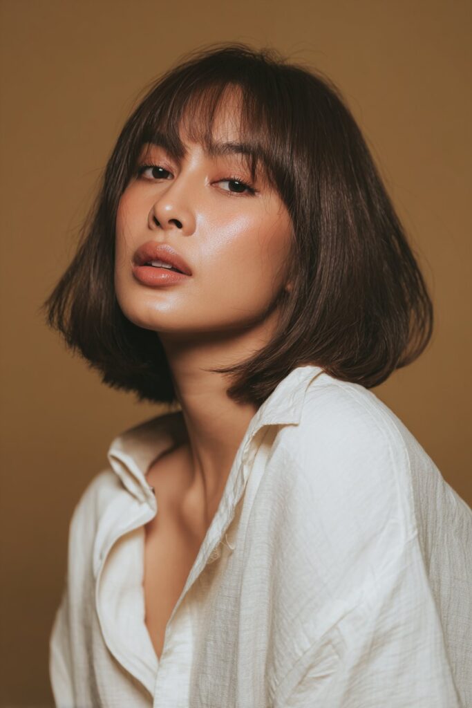A stunning young woman in her 20s with natural skin tone, showcasing a bob hairstyle with side bangs featuring a blunt bob with side bangs, featuring a blunt bob with side-swept bangs, captured in a close-up shot focusing on the hair, photographed against a seamless warm olive backdrop with a glossy sheen. She has subtle makeup, a chic outfit, realistic hair texture, warm skin tone, and a confident expression, captured with soft natural lighting and an Instagram-style beauty vibe.