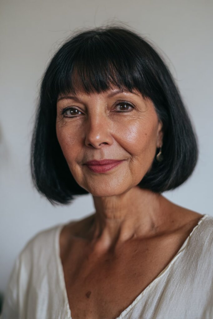 Woman over 50 with shoulder-length blunt bob, straight bangs, natural black hair, white backdrop.
