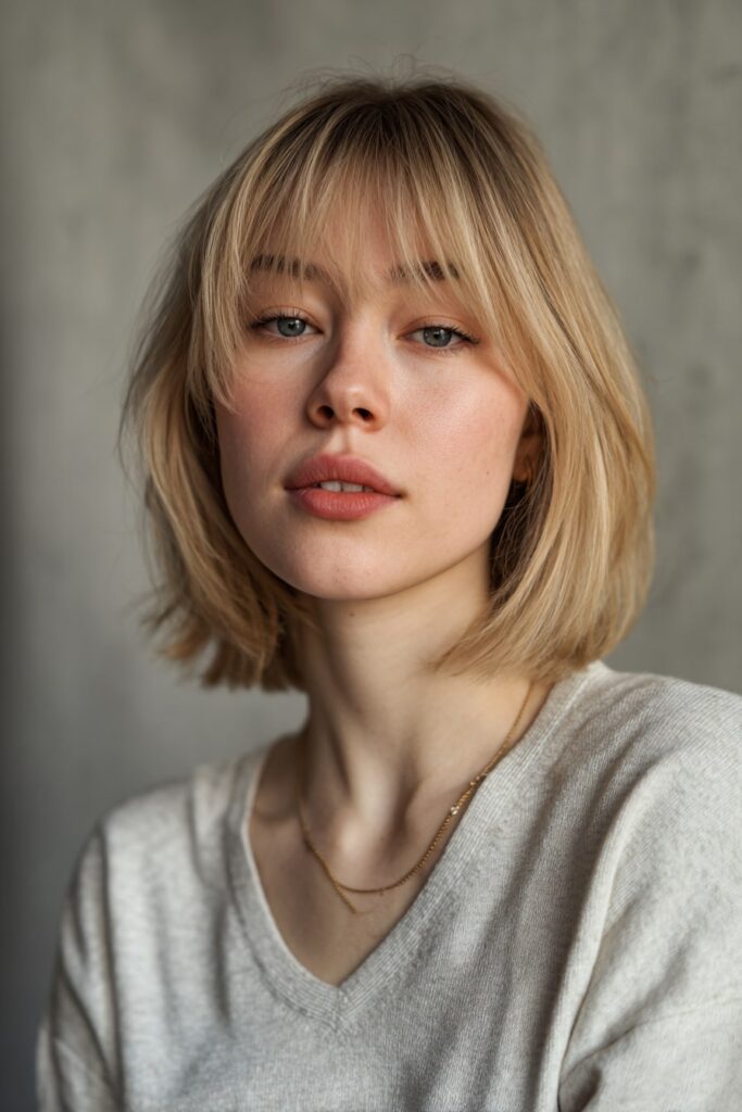 Young woman with medium-length blunt lob, wispy bangs, ash blonde hair, soft gray backdrop.