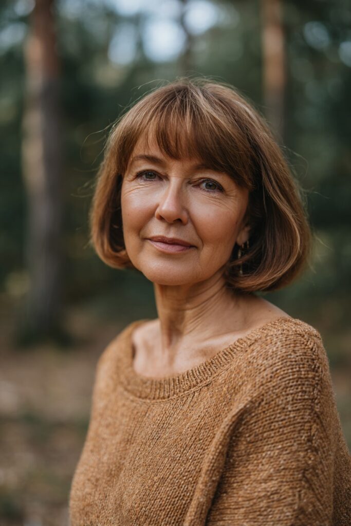 Woman over 50 with shoulder-length bob, full fringe, caramel brown hair, forest backdrop.