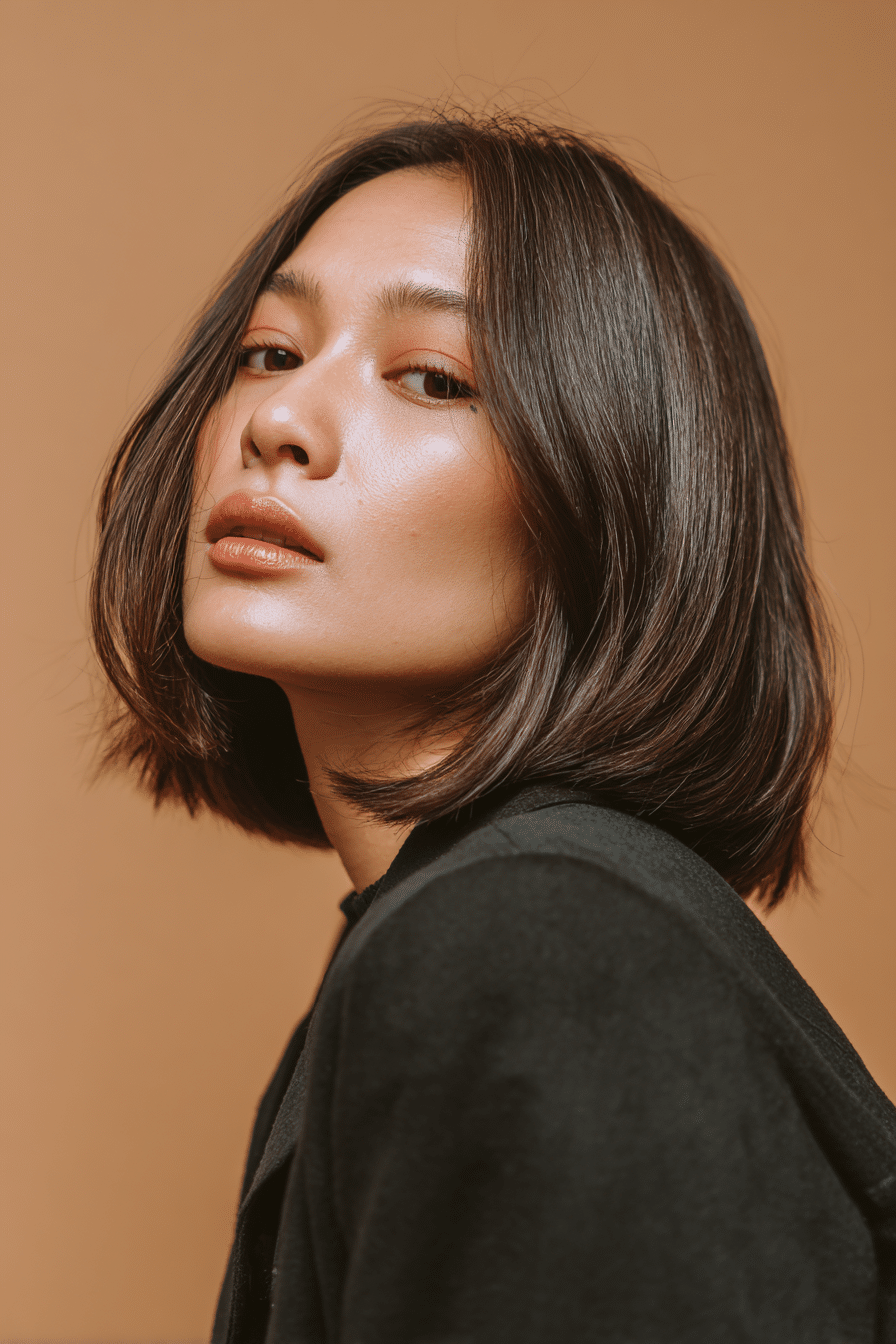 A stunning young woman in her 20s with natural skin tone, showcasing a bob hairstyle for going out featuring a bob with side bangs, featuring a bob with side-swept bangs, captured in a close-up shot focusing on the hair, photographed against a seamless dark olive backdrop with a smooth texture for optimal color contrast. She has subtle makeup, a chic evening outfit, realistic hair texture, warm skin tone, and a confident expression, captured with soft natural lighting and an Instagram-style beauty vibe.