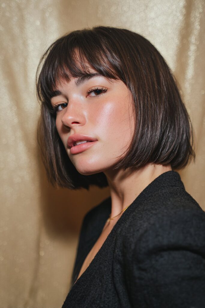 A stunning young woman in her 20s with natural skin tone, showcasing a bob hairstyle for going out featuring a bob with undercut, featuring a bob with a shaved undercut design, captured in a close-up shot focusing on the hair, photographed against a seamless jet black backdrop with a glossy texture for optimal color contrast. She has subtle makeup, a chic evening outfit, realistic hair texture, warm skin tone, and a confident expression, captured with soft natural lighting and an Instagram-style beauty vibe.