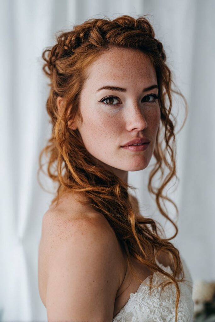 Bride with boho braided crown, loose curls, strawberry blonde hair, white backdrop.