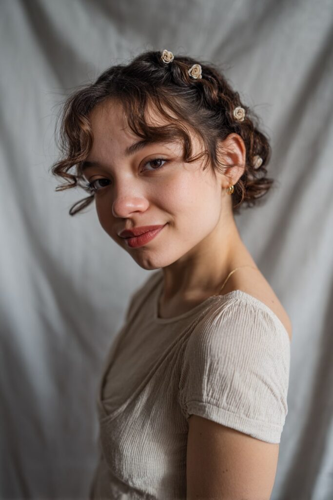 Woman with short half-up rose bud braids, S-waves, light brown hair, gray backdrop.