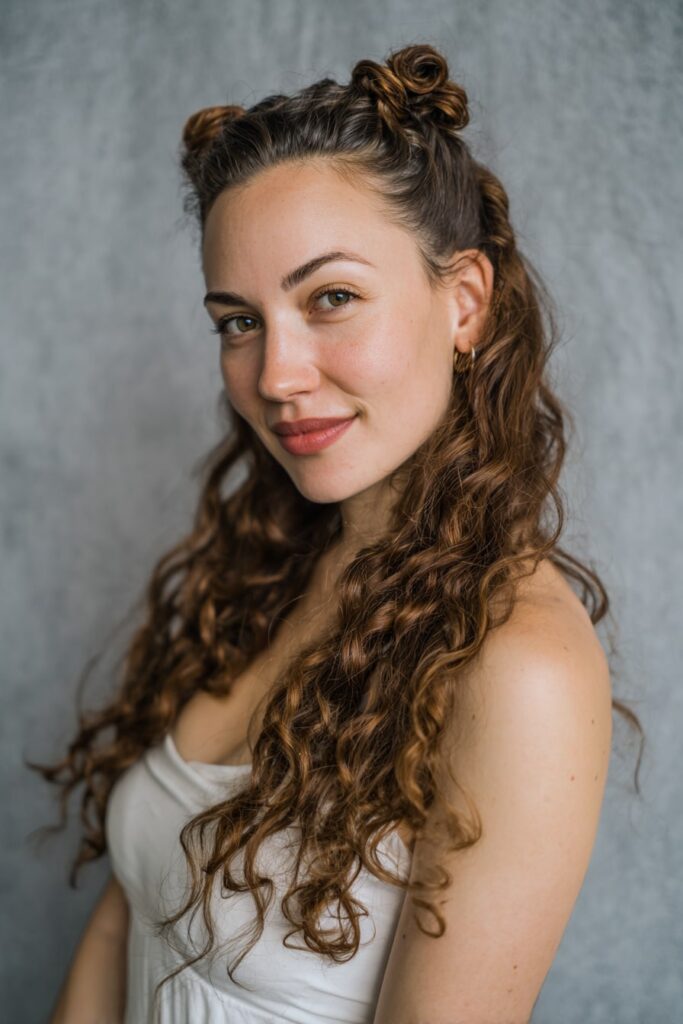Woman with half up half down curly hair, rose bud braids, S-waves, gray backdrop.
