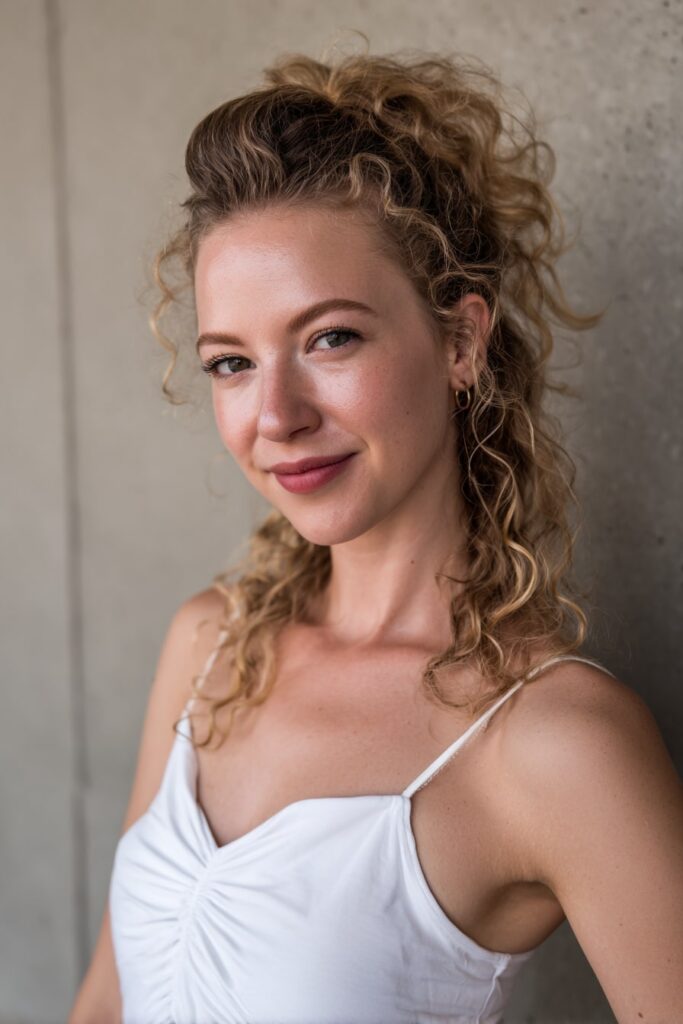 Woman with half up half down curly hair, Bardot bouffant, waves, plaster backdrop.