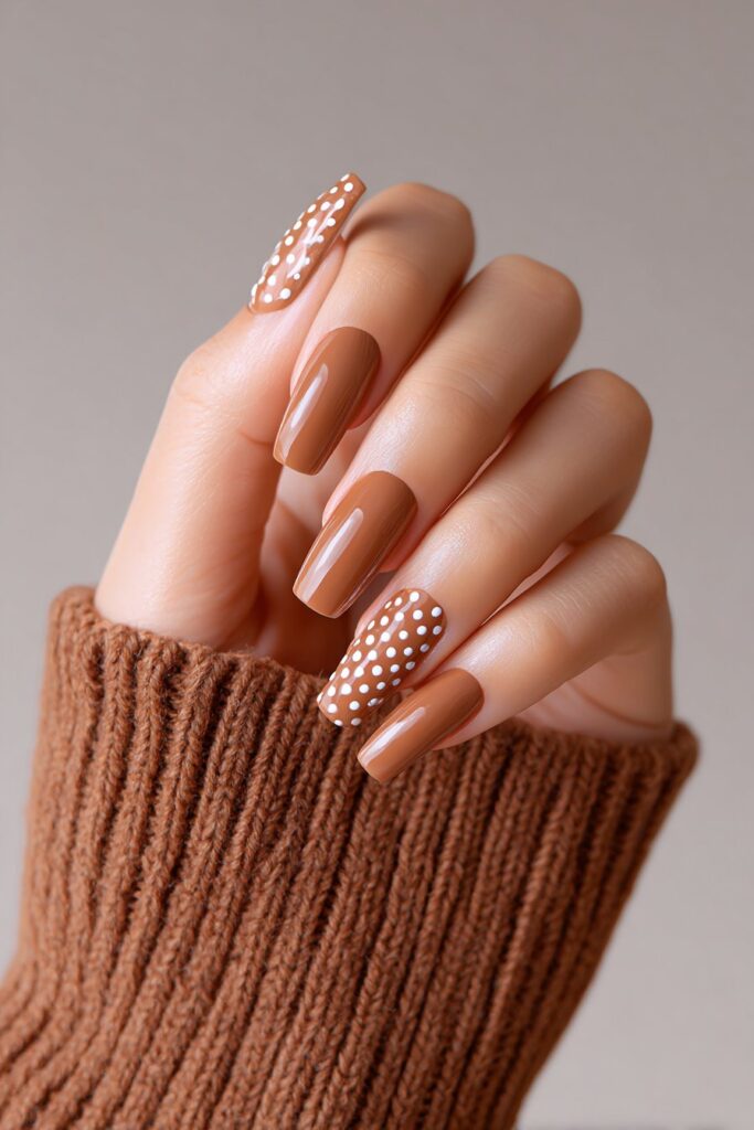Translucent brown jelly nails with dainty white dots, glossy dewy texture creating a fresh and modern summer-ready look.