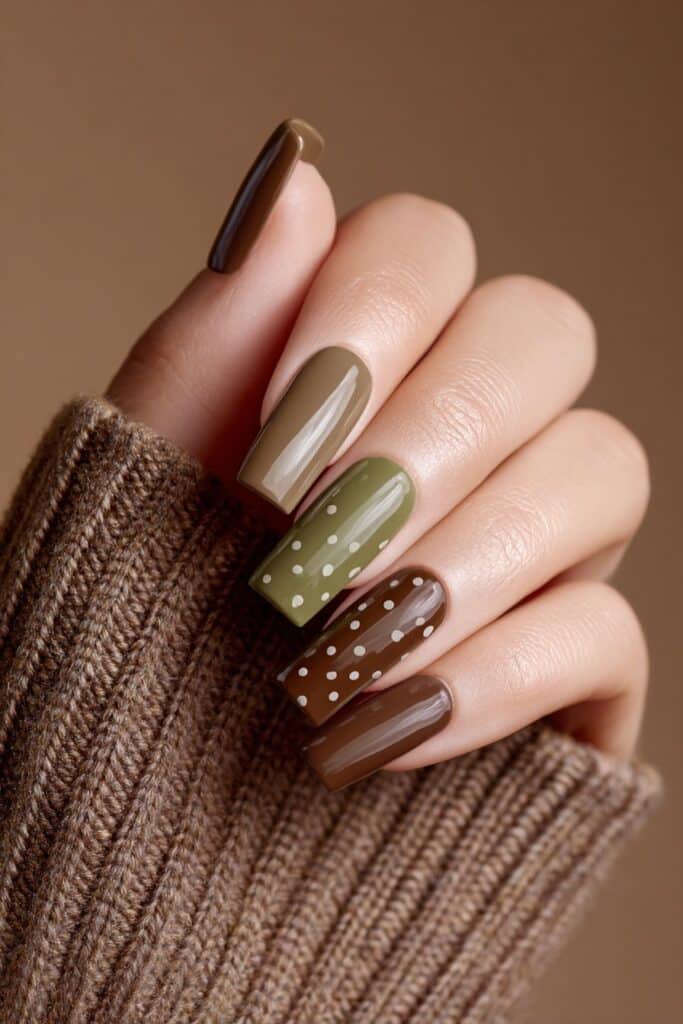 Artistic brown and olive green nails featuring contrasting dot patterns, square shape with earthy tones for a bold and balanced summer aesthetic.