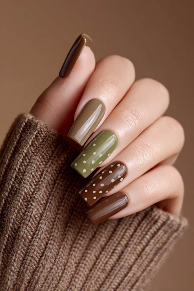 Elegant mix of neutral brown tones with beige, taupe, and white dots, short rounded nails in glossy finish for a calm, sophisticated vibe.