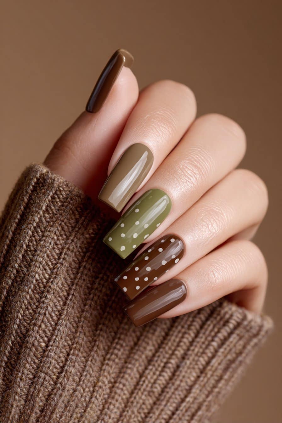 Elegant mix of neutral brown tones with beige, taupe, and white dots, short rounded nails in glossy finish for a calm, sophisticated vibe.