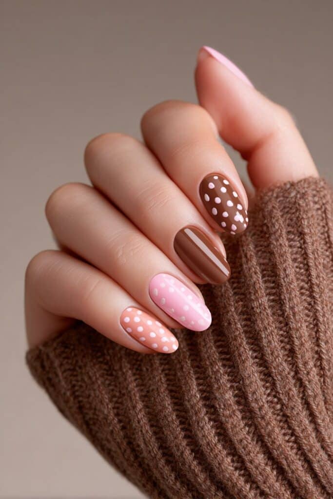 Fun and feminine manicure featuring alternating brown and pink bases with contrasting polka dots, short oval nails exuding youthful summer energy.
