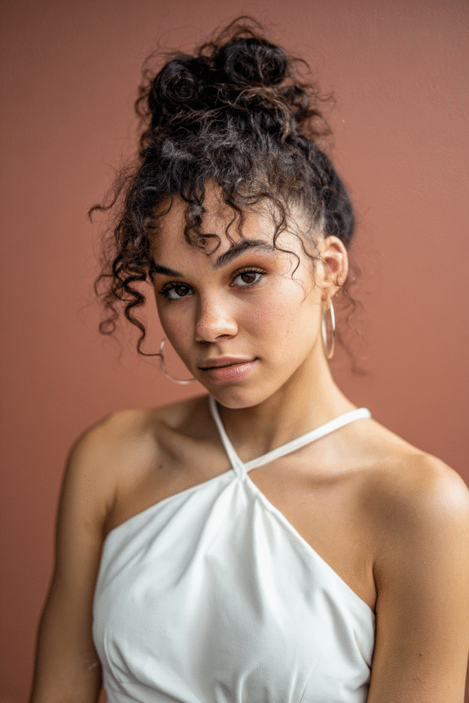 A stunning young woman in her 20s with natural skin tone, showcasing a homecoming hairstyle for curly hair with a bubble half-up style, featuring a half-up style with bubble braid details using curly hair, captured in a close-up shot focusing on the hair, photographed against a seamless soft plum backdrop with a matte finish. She has subtle makeup, a chic homecoming dress, realistic hair texture, warm skin tone, and a confident expression, captured with soft natural lighting and an Instagram-style beauty vibe.