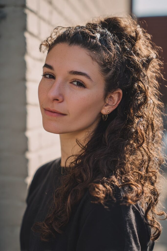 Woman with short half-up bubble ponytail, curly ends, chestnut brown hair, brick backdrop.