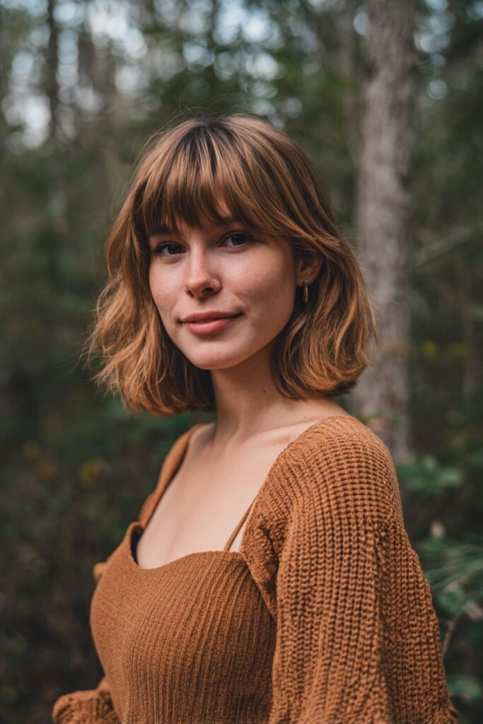 Young woman with medium-length butterfly cut, soft curtain bangs, sandy blonde hair, forest backdrop.