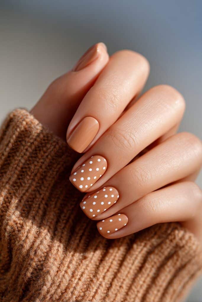 Glossy caramel brown nails decorated with neat white dots, short rounded shape creating a warm, cheerful, and simple summer nail style.