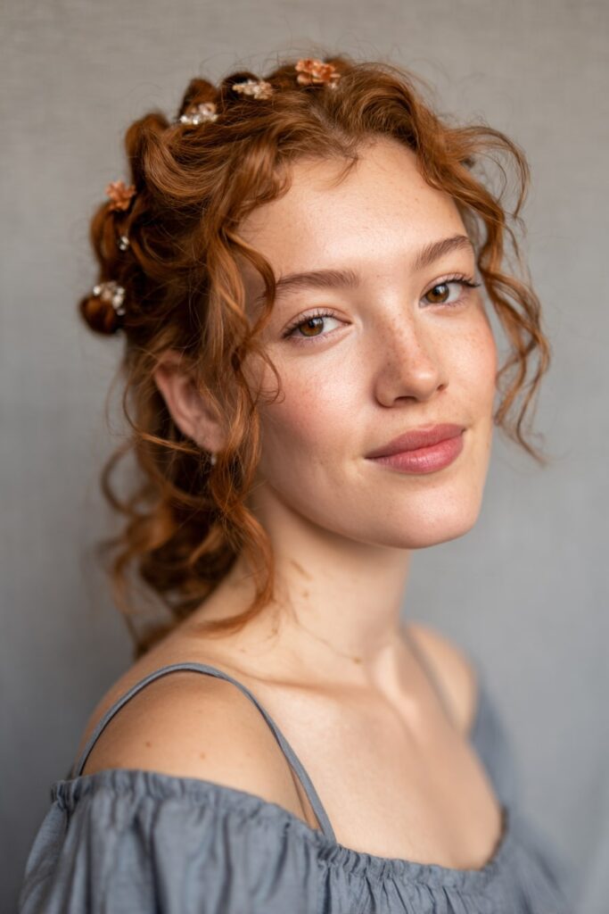Woman with short half-up cascading curls, floral pins, warm auburn hair, gray backdrop.